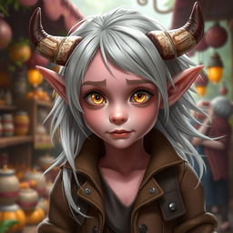 A young Tiefling character with pink skin, wearing a stylish brown jacket