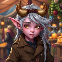 A young Tiefling character with pink skin, wearing a stylish brown jacket