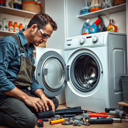 A technician repairing a modern washing machine in a home setting, using tools and parts spread out nearby