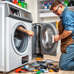 A technician repairing a modern washing machine in a home setting, using tools and parts spread out nearby