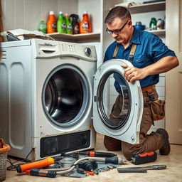 A technician repairing a modern washing machine in a home setting, using tools and parts spread out nearby