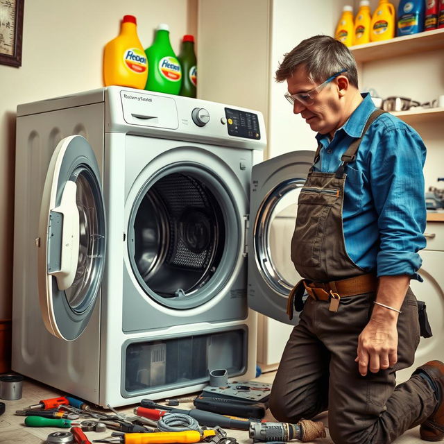 A technician repairing a modern washing machine in a home setting, using tools and parts spread out nearby