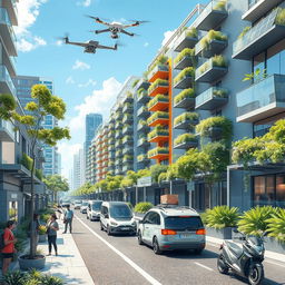 A futuristic scene depicting innovative process engineering solutions aimed at improving daily life