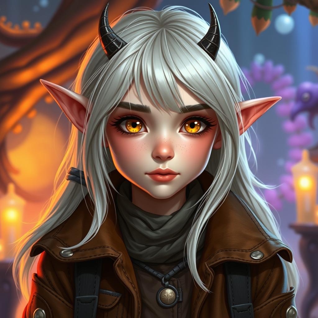 A young female Tiefling with beautiful features, wearing a stylish brown jacket