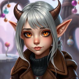 A young female Tiefling with beautiful features, wearing a stylish brown jacket