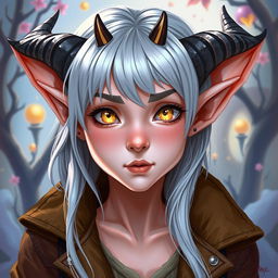 A young female Tiefling with beautiful features, wearing a stylish brown jacket