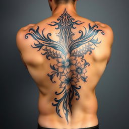 A detailed tattoo design on the back of a muscular man, featuring intricate tribal patterns interwoven with floral elements