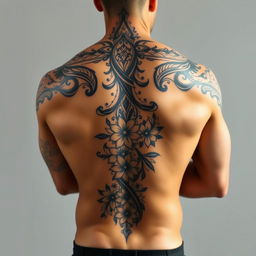 A detailed tattoo design on the back of a muscular man, featuring intricate tribal patterns interwoven with floral elements