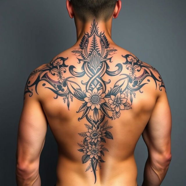 A detailed tattoo design on the back of a muscular man, featuring intricate tribal patterns interwoven with floral elements