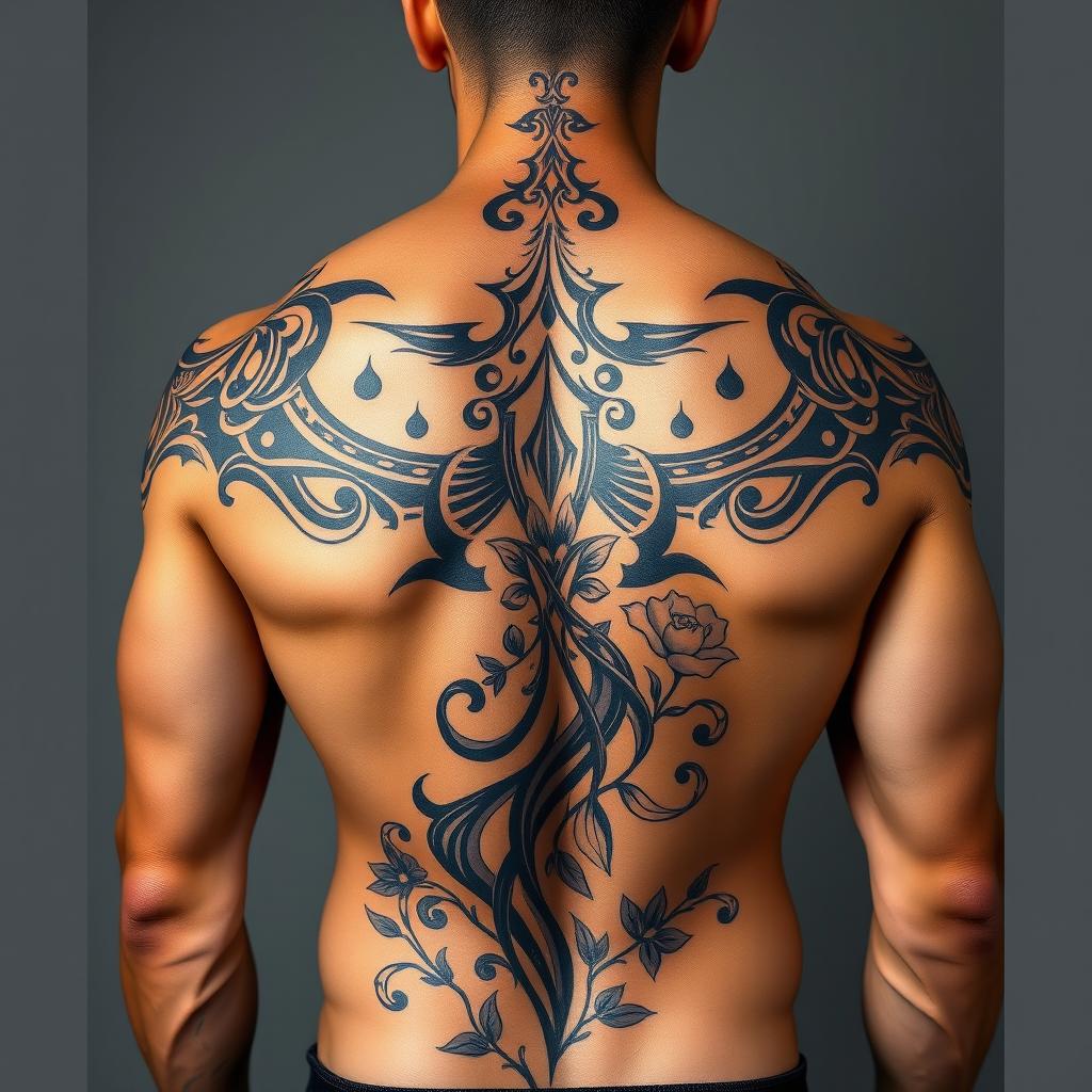A detailed tattoo design on the back of a muscular man, featuring intricate tribal patterns interwoven with floral elements