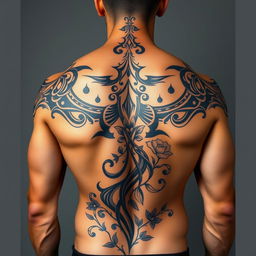 A detailed tattoo design on the back of a muscular man, featuring intricate tribal patterns interwoven with floral elements