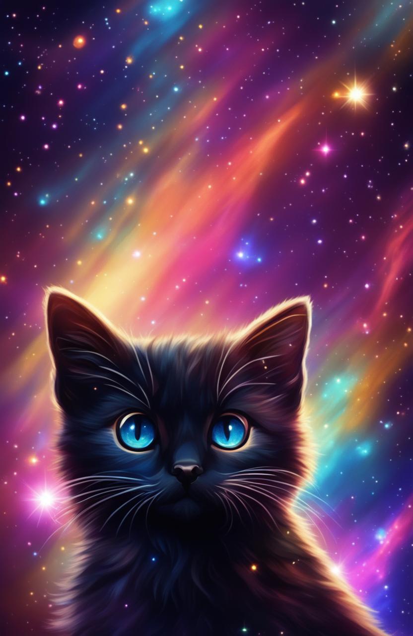 A captivating digital art creation of a black kitten in deep space