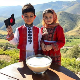 A boy and girl dressed in traditional Kurdish clothing, standing in a picturesque natural setting