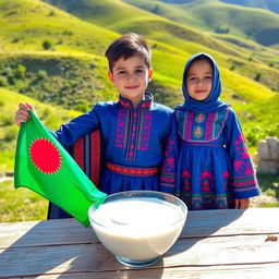 A boy and girl dressed in traditional Kurdish clothing, standing in a picturesque natural setting