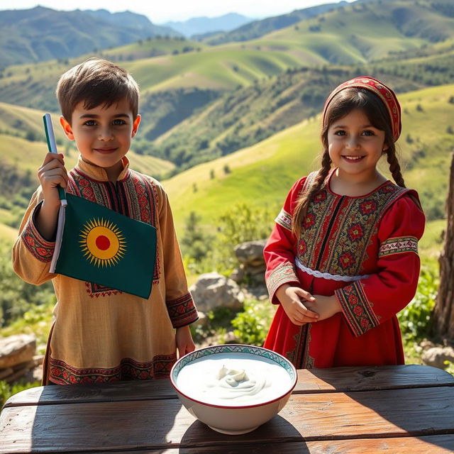 A boy and girl dressed in traditional Kurdish clothing, standing in a picturesque natural setting