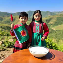 A boy and girl dressed in traditional Kurdish clothing, standing in a picturesque natural setting
