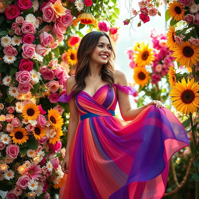 A vibrant scene featuring a beautiful woman in a flowing, colorful dress, surrounded by a lush backdrop of real flowers in full bloom, such as roses, daisies, and sunflowers, intertwined with twinkling fairy lights that create a warm and festive atmosphere