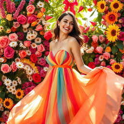 A vibrant scene featuring a beautiful woman in a flowing, colorful dress, surrounded by a lush backdrop of real flowers in full bloom, such as roses, daisies, and sunflowers, intertwined with twinkling fairy lights that create a warm and festive atmosphere