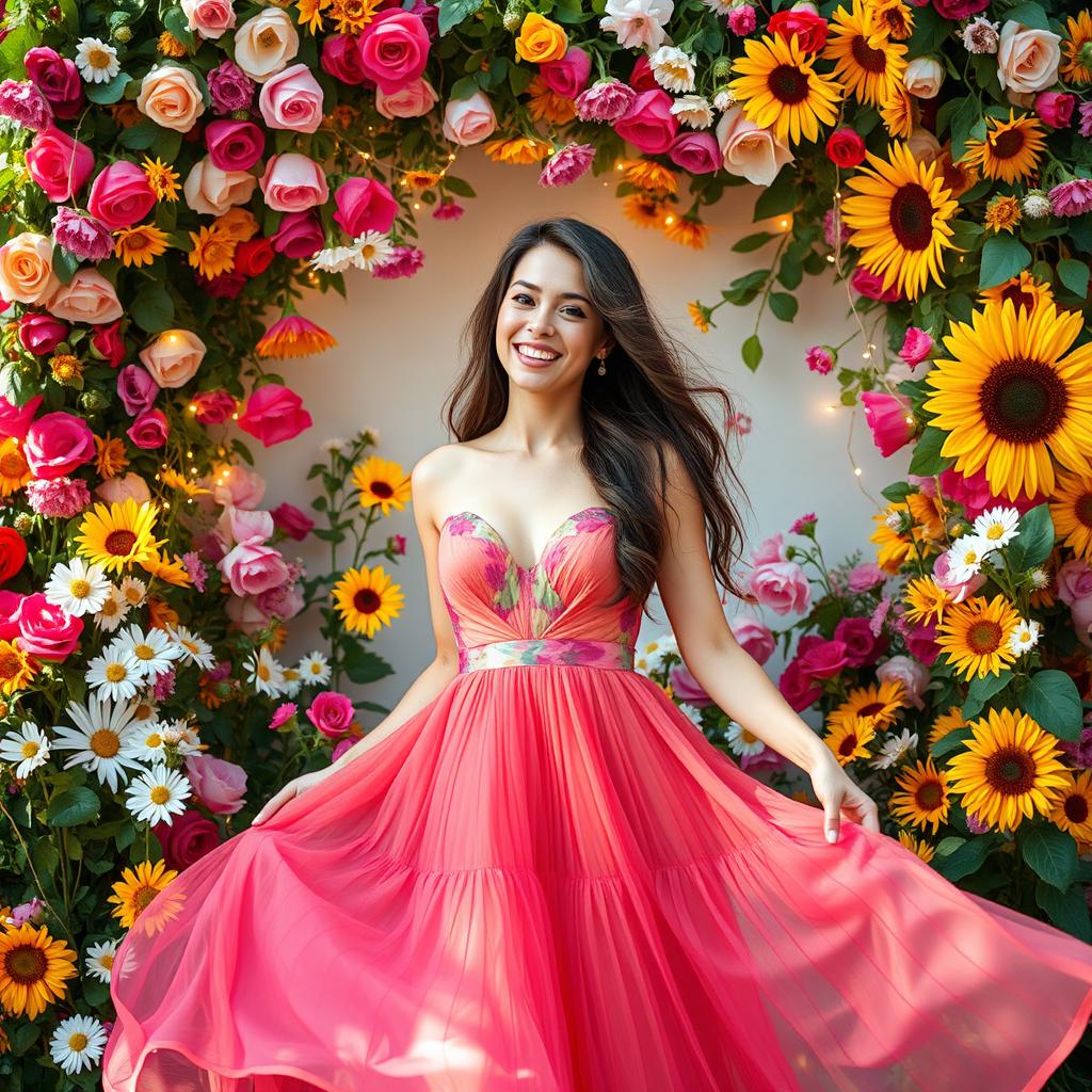 A vibrant scene featuring a beautiful woman in a flowing, colorful dress, surrounded by a lush backdrop of real flowers in full bloom, such as roses, daisies, and sunflowers, intertwined with twinkling fairy lights that create a warm and festive atmosphere