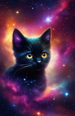 A captivating digital art creation of a black kitten in deep space