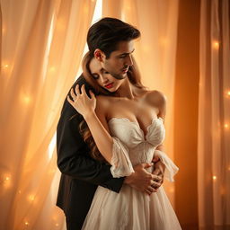 An artistic representation of sensuality, featuring a beautiful couple in an intimate embrace, surrounded by a dreamy atmosphere with warm lighting
