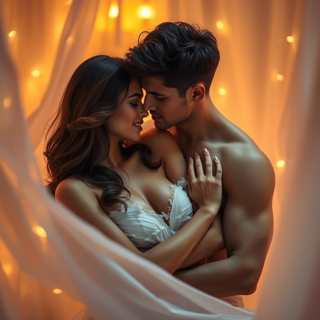 An artistic representation of sensuality, featuring a beautiful couple in an intimate embrace, surrounded by a dreamy atmosphere with warm lighting