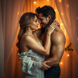 An artistic representation of sensuality, featuring a beautiful couple in an intimate embrace, surrounded by a dreamy atmosphere with warm lighting