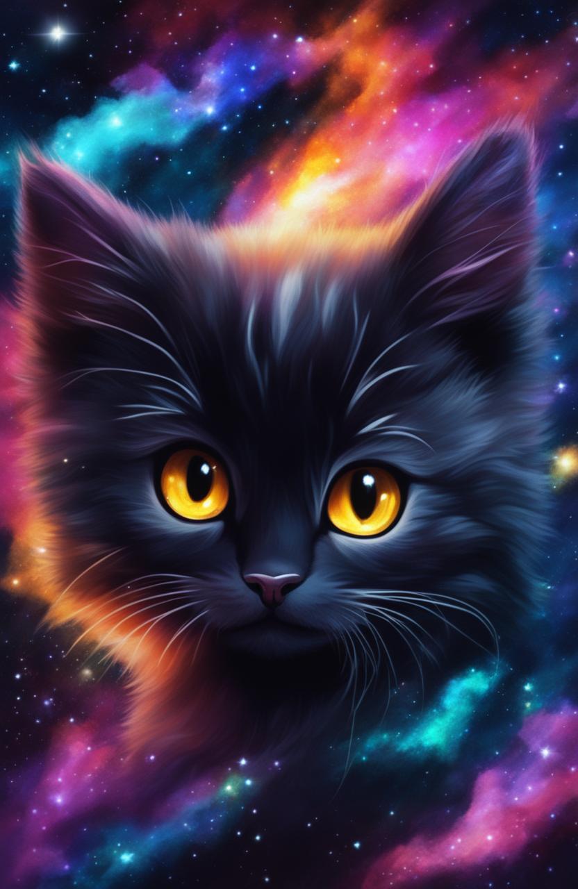 A captivating digital art creation of a black kitten in deep space