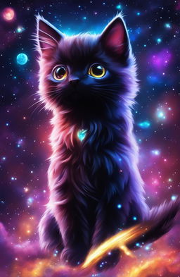 A captivating digital art creation of a black kitten in deep space