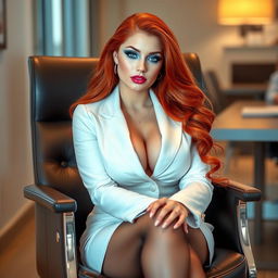 A sexy, beautiful, curvy and voluptuous woman with a thin face showcases long flame red hair and crystal blue eyes