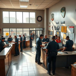 A detailed and realistic interior of a police station, featuring a reception desk, a booking area, and various offices visible through glass windows