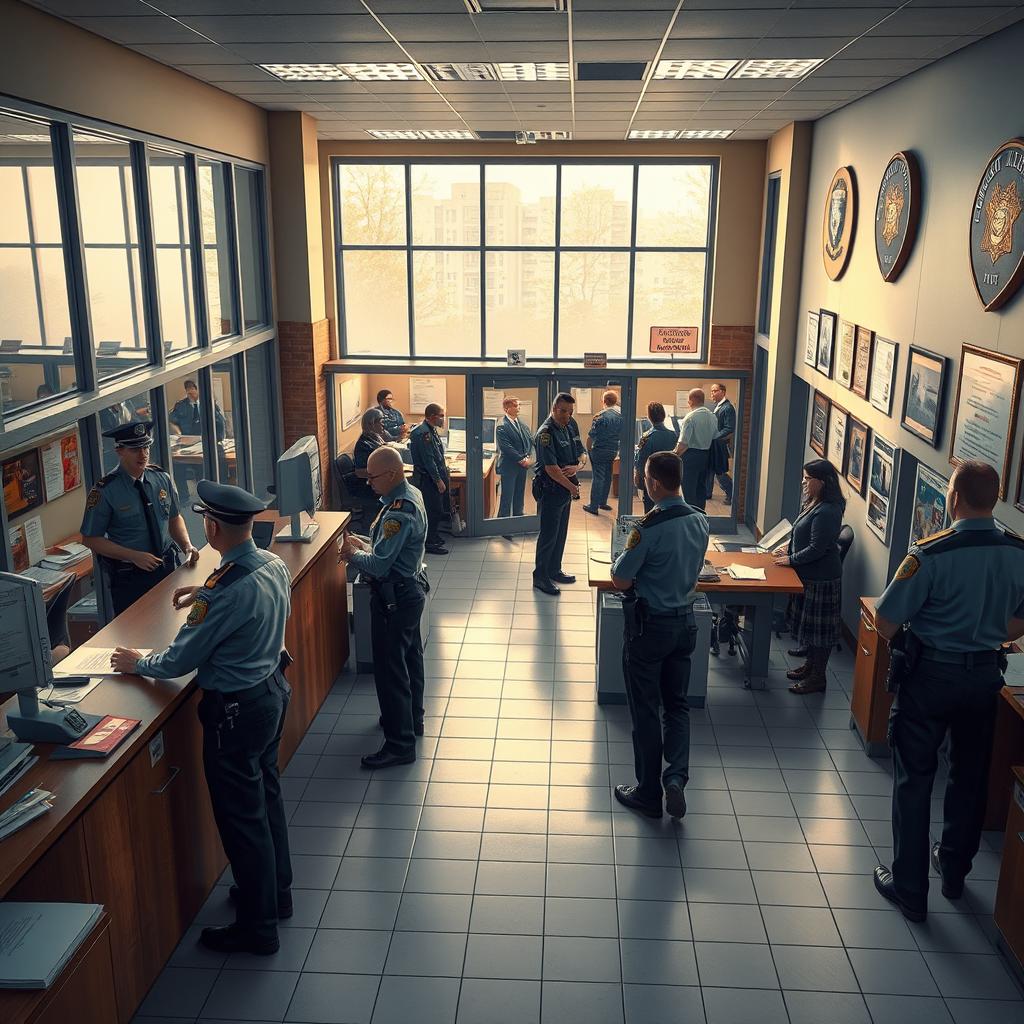 A detailed and realistic interior of a police station, featuring a reception desk, a booking area, and various offices visible through glass windows