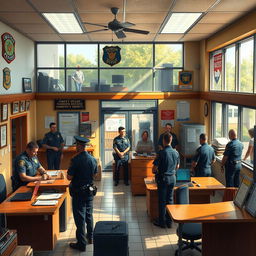 A detailed and realistic interior of a police station, featuring a reception desk, a booking area, and various offices visible through glass windows