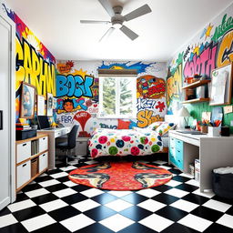 A vibrant and youthful boy's bedroom featuring a checkered floor in bold black and white patterns