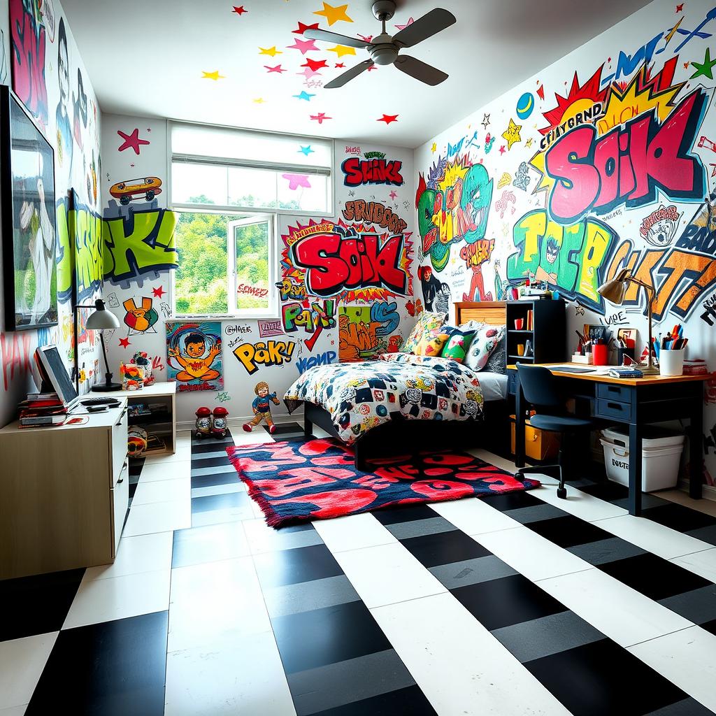 A vibrant and youthful boy's bedroom featuring a checkered floor in bold black and white patterns