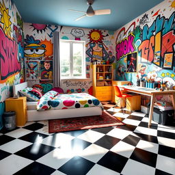 A vibrant and youthful boy's bedroom featuring a checkered floor in bold black and white patterns