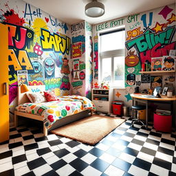 A vibrant and youthful boy's bedroom featuring a checkered floor in bold black and white patterns