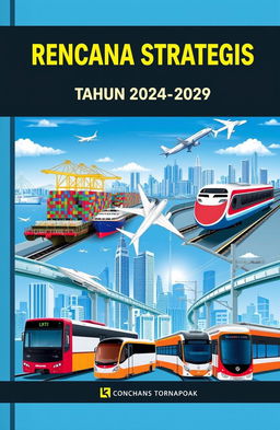 A professional and modern book cover design for "Rencana Strategis Tahun 2024 - 2029" featuring elements like a vibrant port with cargo ships, a sleek airport with planes, a bustling train station with various trains, a city bus, and an MRT and LRT system