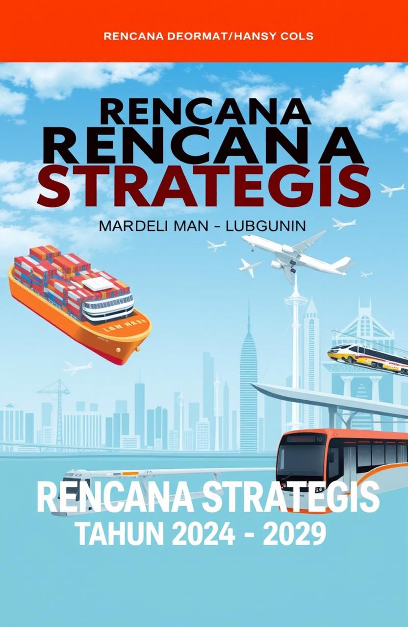 A professional and modern book cover design for "Rencana Strategis Tahun 2024 - 2029" featuring elements like a vibrant port with cargo ships, a sleek airport with planes, a bustling train station with various trains, a city bus, and an MRT and LRT system