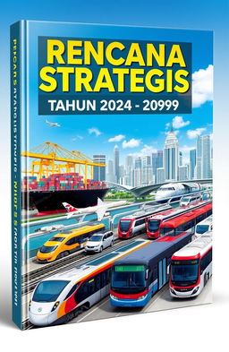 A professional and modern book cover design for "Rencana Strategis Tahun 2024 - 2029" featuring elements like a vibrant port with cargo ships, a sleek airport with planes, a bustling train station with various trains, a city bus, and an MRT and LRT system