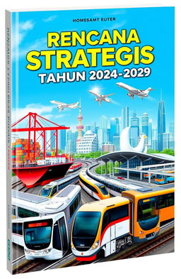 A professional and modern book cover design for "Rencana Strategis Tahun 2024 - 2029" featuring elements like a vibrant port with cargo ships, a sleek airport with planes, a bustling train station with various trains, a city bus, and an MRT and LRT system
