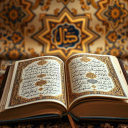 An artistic depiction of the Quran, showcasing its intricate calligraphy and ornate covers