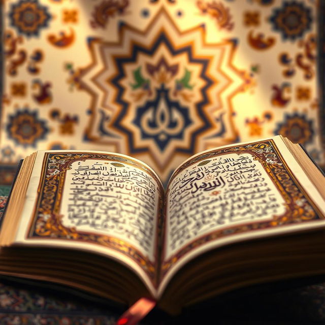 An artistic depiction of the Quran, showcasing its intricate calligraphy and ornate covers