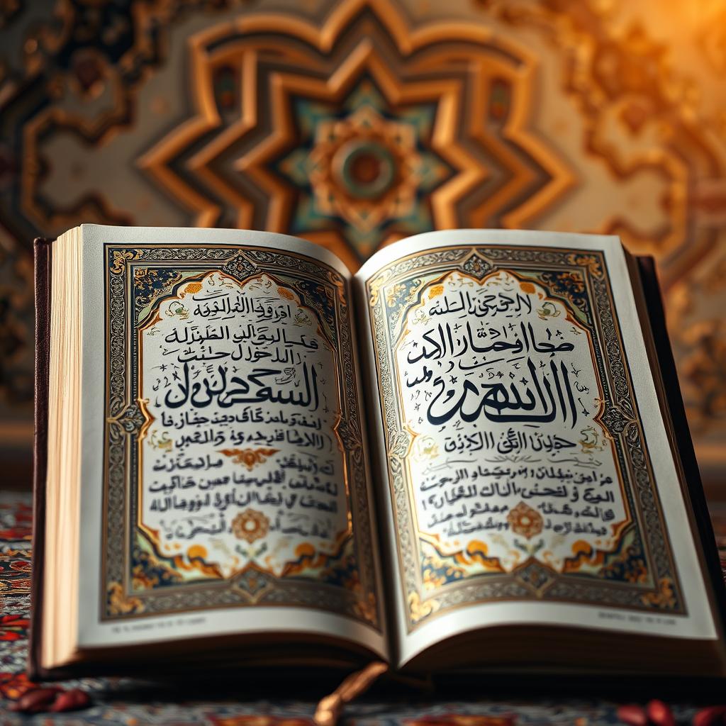 An artistic depiction of the Quran, showcasing its intricate calligraphy and ornate covers