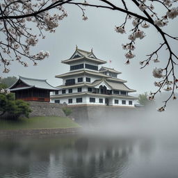 A traditional Japanese castle on a misty afternoon, surrounded by lush greenery and a serene landscape