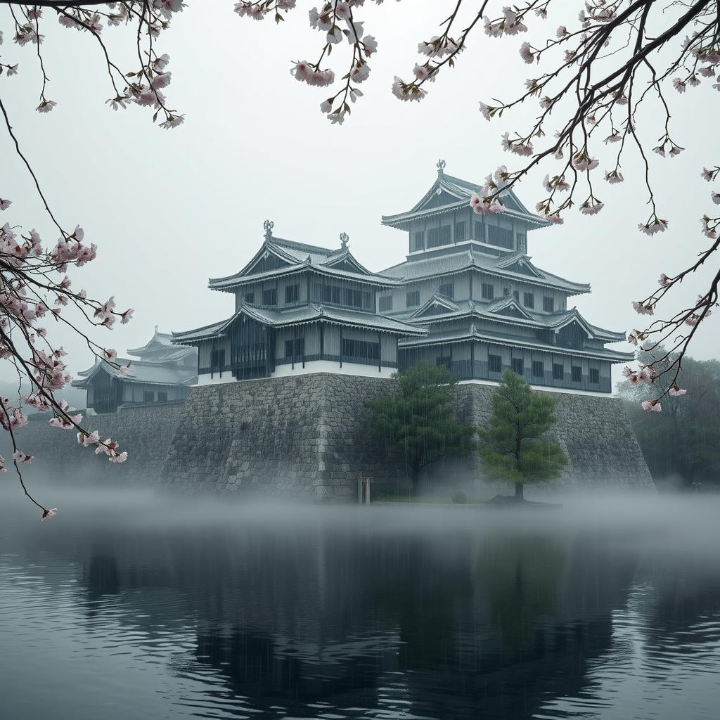 A traditional Japanese castle on a misty afternoon, surrounded by lush greenery and a serene landscape