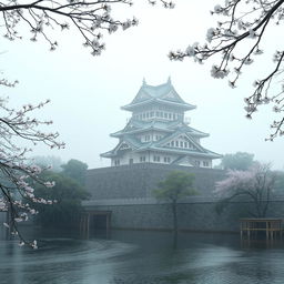 A traditional Japanese castle on a misty afternoon, surrounded by lush greenery and a serene landscape
