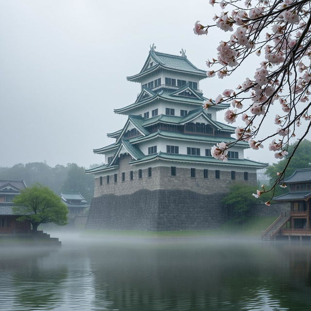 A traditional Japanese castle on a misty afternoon, surrounded by lush greenery and a serene landscape