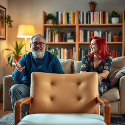 A cozy scene in a warmly lit room featuring an empty chair positioned prominently in the foreground
