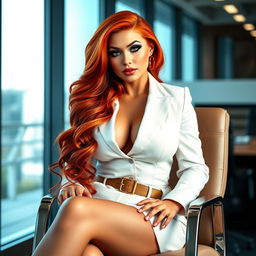 A sexy, beautiful, curvy and voluptuous woman with a thin face showcases long flame red hair and crystal blue eyes